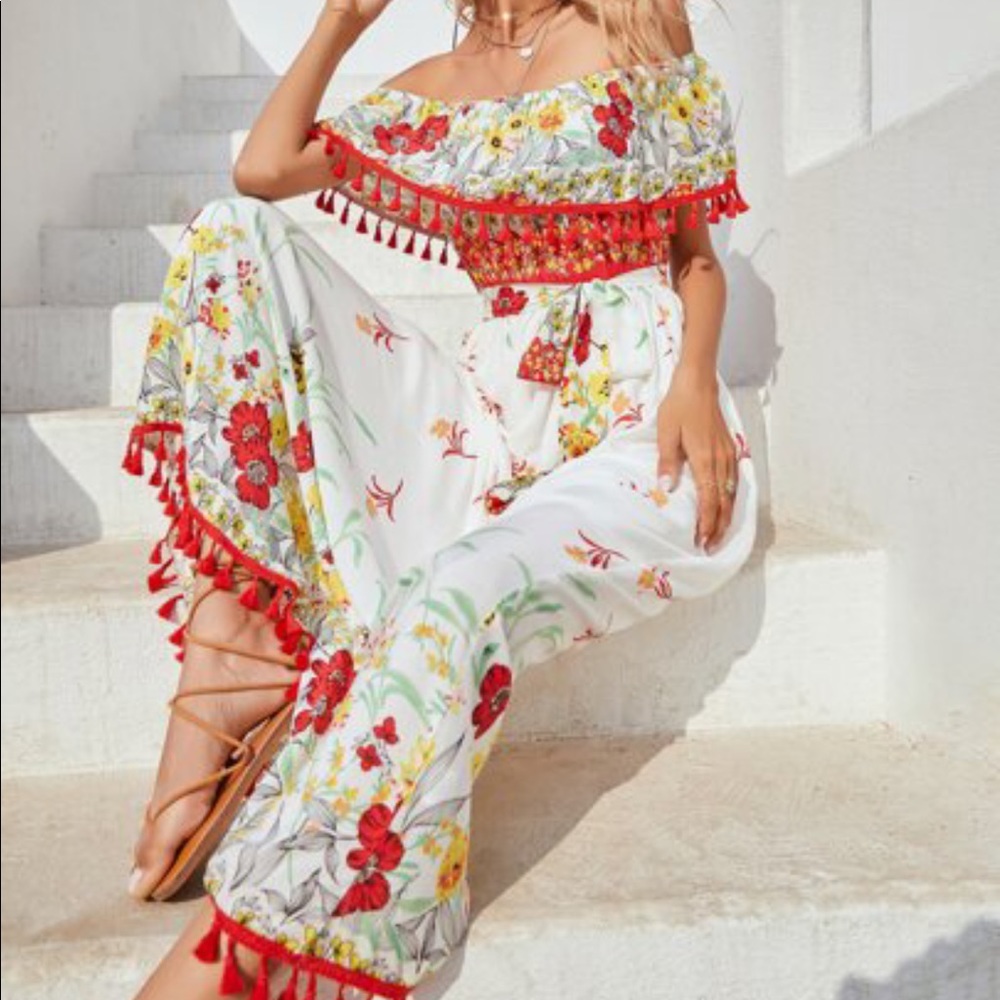 Boho floral print off shoulder tassel maxi dress